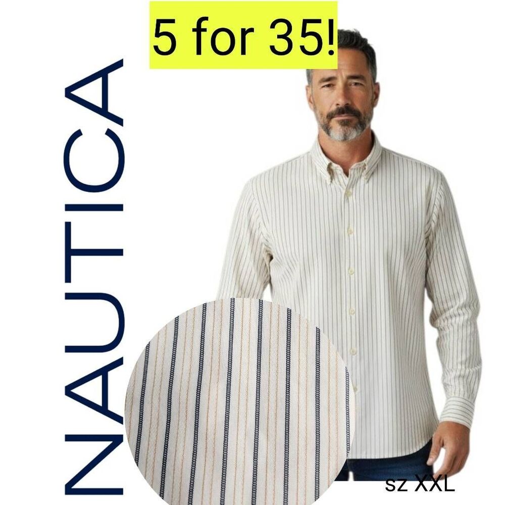 Nautica Neutral Cream Striped Long Sleeve Business Casual Professional Shirt